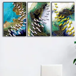 SAF Set of 3 Green & Blue Modern Art Large Panel UV Textured Wall Painting-5
