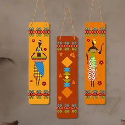 ArtVibes Brown & Yellow 3 Pieces African Warli Art Painted Wooden Hanging Wall Decors-1