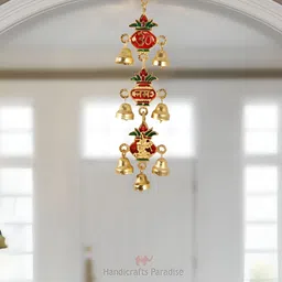HANDICRAFTS PARADISE Gold Toned & Red Kalash Shaped With Bells Shaped Wall Hanging-image-89