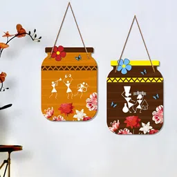 ArtVibes Brown & Yellow 2 Pieces Printed Wooden Warli Art Wall Hanging-33