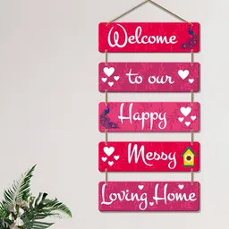 ArtVibes Pink & Red Welcome Home Quotes Painted Wooden Hanging Wall Decor-picture-43
