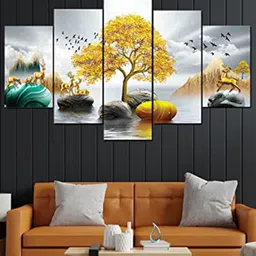 Perpetual Grey & Yellow 5 Pieces Wood Tree of Life Wall Paintings-13