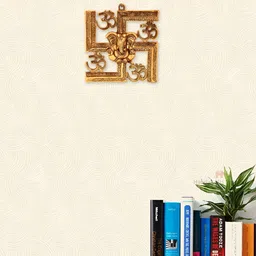 HANDICRAFTS PARADISE Gold Toned Swastik with Om and Ganesh Motif Engraved Metal Wall Decor-4