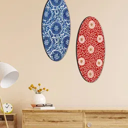 SAF 2 Pcs Blue & Red Oval Shaped Floral Theme Wooden Wall Hangings-8