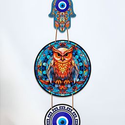 ArtVibes Blue & Orange Coloured Owl Shaped Wall Hanging-24