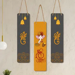 ArtVibes 3Pcs Grey & Orange Shri Ganeshay Namah Printed Wooden Wall Hangings-image-10
