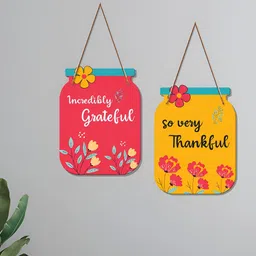 ArtVibes Pink & Yellow 2 Pieces Incredibly Grateful Quote Printed Wall Hanging-19