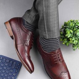House of Pataudi Men Patterned Leather Lace-Up Formal Brogues-picture-17
