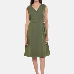 Annabelle by Pantaloons Women Olive Green Solid Formal Dress-picture-3