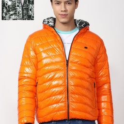 Peter England Casuals Men Orange Black Hooded Reversible Puffer Jacket-image-78