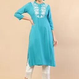 Soch Women Blue Yoke Design Thread Work Silk Kurta-image-6