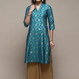Biba Floral Printed V-Neck Zari A-Line Kurta-19