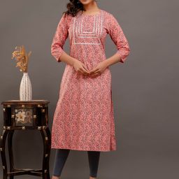 A&K Floral Print Round Neck Gotta Patti Cotton Kurta-image-29