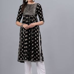 NEW4U Women Ethnic Motifs Printed Mirror Work Floral Kurta-image-6