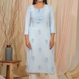 Ode by House of Pataudi Floral Embroidered Tie-Up Neck Straight Kurta-picture-50