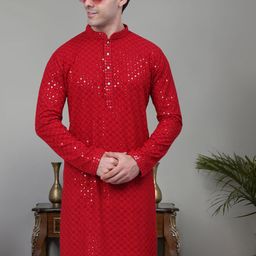 Jompers Geometric Embroidered Mandarin Collar Sequinned Pure Cotton Straight Kurta-image-95