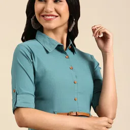 SHOWOFF Women Teal Blue Solid Belted Detail Kurta-image-5