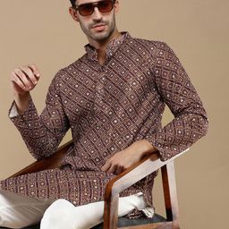 Anouk Rust Geometric Embroidered Cotton Sequins Mandarin Collar Straight  Kurta-21