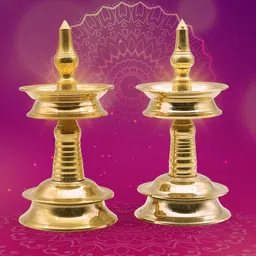 PujaNPujari Gold Toned & Brown 2 Pieces Textured Diya Kerala Brass Oil Lamp-4