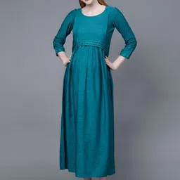 DUMMY SHAPE Self Designed Embroidered Fit & Flare Midi Pure Cotton Maternity Feeding Dress-picture-12