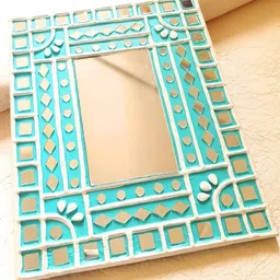 Peepul Tree Turquoise Blue Mud & Mirror Work Wall Mirror-33