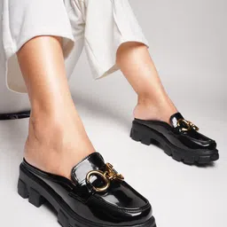JM Looks Buckle Embellished Platform Heel Mules-43