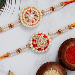 eCraftIndia Set of 2 Designer Pearl Beaded Rakhis With Roli Chawal Pack-image-12