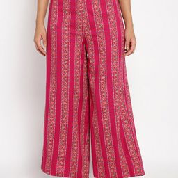 W Women Pink Floral Printed Pleated Trousers-image-80