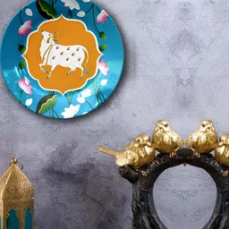 JIKRAA Yellow & Blue Pichwai Art Ceramic Wall Plate-picture-13