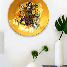 JIKRAA Yellow & Black Printed Rajasthani Round Ceramic Wall Plate-25