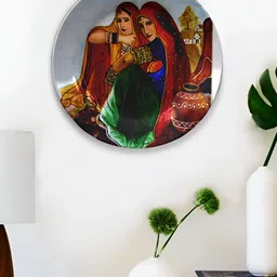 JIKRAA Grey & Red Printed Rajasthani Art Round Ceramic Wall Plate-22