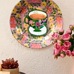 JIKRAA Pink & Green Floral Printed Ceramic Round Wall Plate-7
