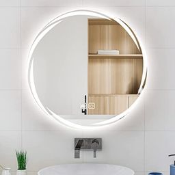 VENETIAN IMAGE Round Bathroom Mirror Wall Mounted with Backlit LED Light, lluminated Vanity Mirror, Anti-Fog, 3-Color Dimmable (Geometry Pattern, Whirlwind, 60 cm, Silver) image 3