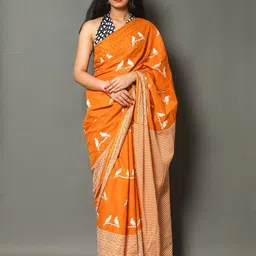 Craft Musium Floral Pure Cotton Block Print SareeWith Blouse Piece-12