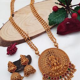 GRIIHAM Gold-Plated Red & Green AD Studded & Beaded Temple Jewellery Set-5