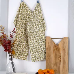 TARAN LIVING 2-Pcs Yellow & White Booti Printed Cotton Kitchen Towels-16