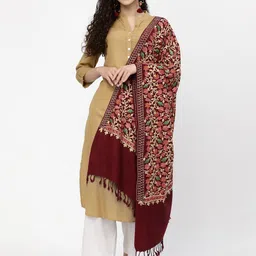 Anekaant Women Maroon Floral Embroidered Wool Shawl-image-21