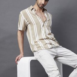 Rigo Men Beige & White Slim Fit Striped Casual Shirt-image-10