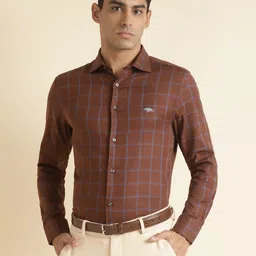 Andamen Premium Slim Fit Windowpane Checks Cutaway Collar Cotton Formal Shirt-image-16
