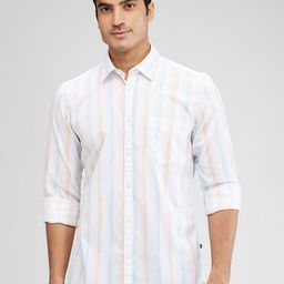 Parx Men Spread Collar Vertical Striped Cotton Slim Fit Casual Shirt-picture-0