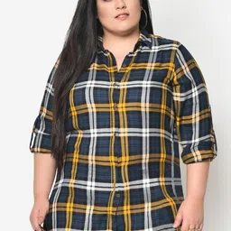 wild U Plus Size Women Blue Tartan Checks Opaque Checked Casual Shirt-picture-10