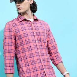 HIGHLANDER Peach-Coloured Slim Fit Tartan Checked Casual Shirt-image-80