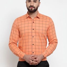 JAINISH Men Orange Windowpane Checks Checked Pure Cotton Formal Shirt-image-74