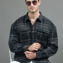 HERE&NOW Oversized Checked Spread Collar Casual Cotton Shirt-image-37