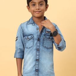 CAZZBA Boys Spread Collar Washed Casual Denim Shirt-image-28