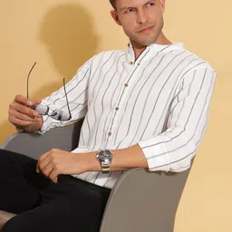 HERE&NOW Striped Band Collar Cotton Short Kurta-picture-53