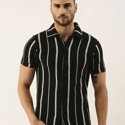 Campus Sutra Black & White Classic Vertical Striped Cotton Casual Shirt-image-99