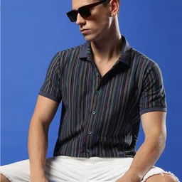 Campus Sutra Blue & Red Vertical Striped Classic Cotton Casual Shirt-image-13