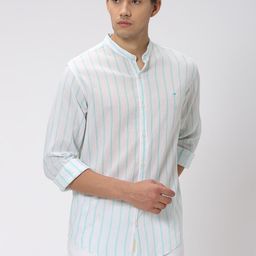 Mufti Slim Fit Vertical Striped Band Collar Cotton Linen Casual Shirt-image-95
