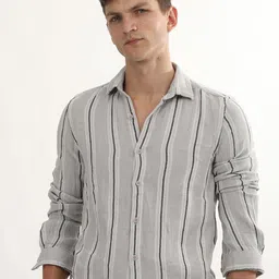 POE Men Smart Vertical Striped Spread Collar Slim Fit Formal Shirt-image-8